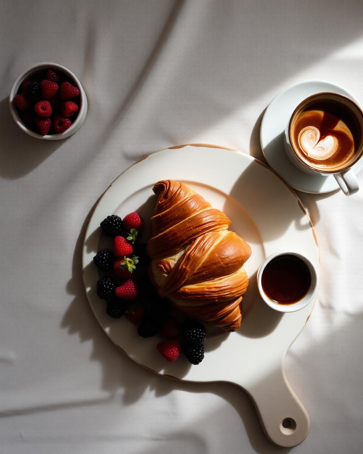 Croissant z owocami i kawą podany na drewnianej desce